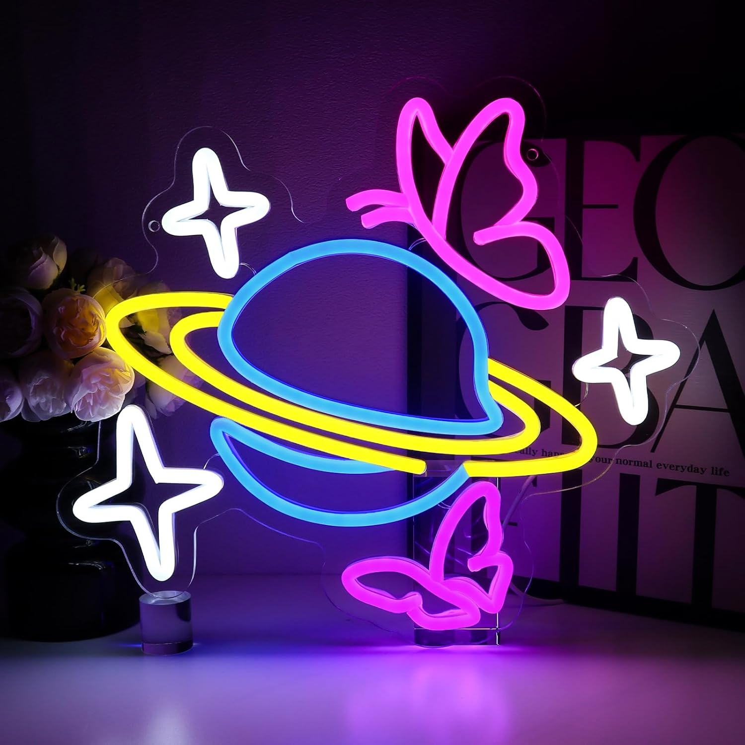 Party Games Shop - ป้ายไฟนีออนรูปดาวผีเสื้อแบบหรี่แสงได้ ไฟ LED ติดผนังแบบ USB สำหรับร้านขายอุปกรณ์งานอดิเรก