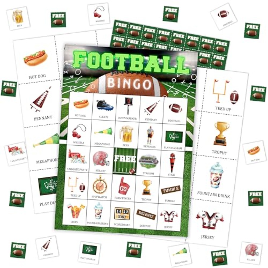 Party Games For Large Groups - การ์ดเกมบิงโกปาร์ตี้ฟุตบอล, ชุดบิงโกฟุตบอลสำหรับผู้ใหญ่ กลุ่มใหญ่ ครอบครัว เพื่อน, อุปกรณ์จัดงานปาร์ตี้วันเกิดธีมกีฬา,